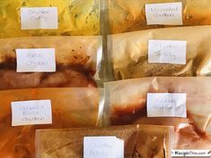 several bags of food with labels on them