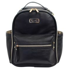 a black backpack with gold zippers on the front and side pockets, sitting against a white background