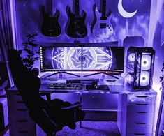 a computer desk with guitars and other musical instruments on the wall in front of it