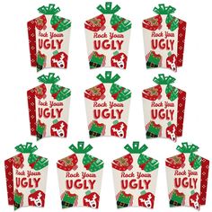 twelve christmas gift boxes with the words rock your ugly in red, green and white