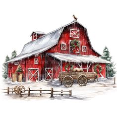 a painting of a red barn with christmas wreaths on it's windows and two horses pulling a wagon