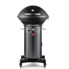 an outdoor bbq grill is shown with the lid open and it's wheels down