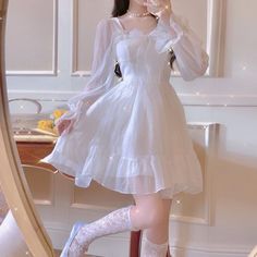 Aesthetic White Clothes, Coquette Dress White, Angelic Casual Outfit, Kawaii White Dress, Heavencore Outfits, Pretty White Outfits, Cute White Outfits Casual, Cute Angel Outfit, Angel Theme Outfit