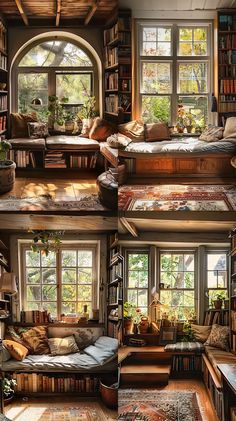 this is an image of a living room with bookshelves and couches in it