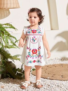 Baby Girl Cute Casual Loose Sleeveless Dress With Floral Pattern Patchwork And Lace Decoration For Summer Multicolor   Sleeveless Woven Fabric Floral,Plants Tunic Non-Stretch  Baby Girls Clothing, size features are:Bust: ,Length: ,Sleeve Length: