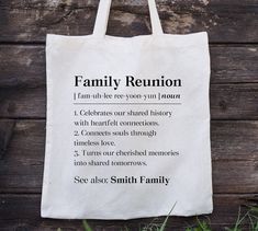 a family reunion tote bag sitting on the ground