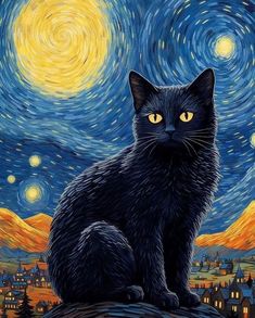 a black cat sitting on top of a rock in front of a night sky with stars