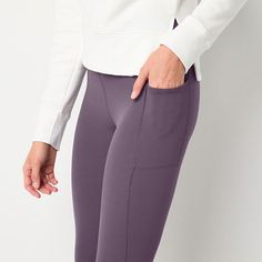 These Xersion women's EverRestore leggings will keep you looking stylish on active and casual days. They're made from a quick-drying double-knit fabric with a high-rise, two side slip pockets for your essentials, and a 7/8 ankle silhouette. Wear them with a tank top and sneakers. Features: Quick DryClosure Type: Full ElasticPockets: 2 Side Slip PocketsRise: High RiseFiber Content: 81% Nylon, 19% SpandexFabric Description: DoubleknitInseam: 23 3/4 InCare: Tumble Dry, Machine WashPant Length: Ful… Casual 4-way Stretch Ankle-length Leggings, Solid Ankle-length Leggings With Pockets, Casual Compressive Purple Leggings, Solid Leggings With Pockets And 4-way Stretch, Moisture-wicking Purple Leggings For Yoga, Ankle Leggings, Quick Dry, Double Knitting, Leggings