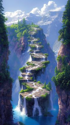 an artistic painting of waterfalls in the mountains