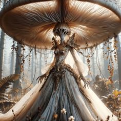 a woman standing under a giant mushroom in the woods