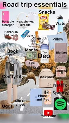 the road trip essentials are organized on this poster