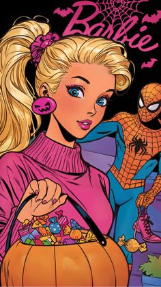 the cover to spider - man's barbieie magazine, featuring a woman holding a pumpkin