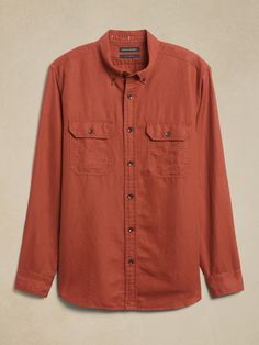 Perfect for layering, this classic button up looks beautiful solo or paired with your favorite tee.  Crafted from a sturdy blend of linen and cotton, this versatile shirt is a staple when it comes to traveling lightly and in style.  Button-down colla Brown Relaxed Fit Button-up Camp Shirt, Solid Relaxed Fit Button-up Camp Shirt, Khaki Cotton Button-up Camp Shirt, Rugged Outdoor Button-up Shirt, Casual Button-up Camp Shirt With Welt Pockets, Red Clay, Button Down Collar, Denim Button Up, Banana Republic