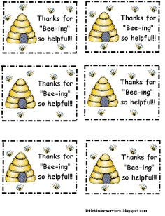 four bee themed thank cards with the words, thanks for bees and honeybees