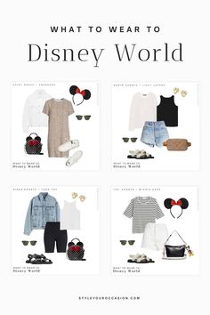 the disney world travel guide is shown in black and white with text that reads what to wear to disney world