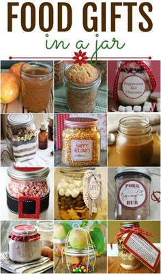 some jars with labels on them and the words, 12 food gifts in a jar