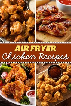 air fryer chicken recipes on a cutting board with sauces and ketchup