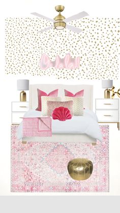 a bedroom with pink and gold decor on the walls