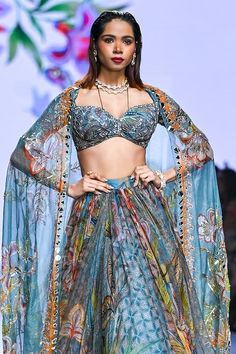 Grey lehenga with floral print in a flowy silhouette, embellished by sequins. Comes with matching blouse and dupatta. - Aza Fashions Bohemian Fitted Anarkali Set With Sheer Dupatta, Bohemian Fitted Sharara With Sheer Dupatta, Bohemian Floral Print Saree For Wedding, Bohemian Wedding Saree With Floral Print, Bohemian Floral Print Wedding Saree, Bohemian Wedding Choli With Floral Embroidery, Bohemian Lehenga With Sheer Dupatta For Wedding, Bohemian Organza Sets With Sheer Dupatta, Bohemian Wedding Lehenga With Sheer Dupatta