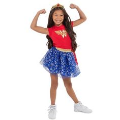 Come join Wonder Woman and all the DC Comics superheroes on their exciting comic book adventures! Dressed in this Wonder Woman [CategoryDescriptionLong] your strong and courageous little girl is ready to save the world. Your little hero will look so cool and stylish in this DC Comics Justice League Costume T-Shirt Tulle Skirt Headband and Cape 4 Piece Set. Toddler Girl Superhero Costume, Toddler Superhero Costume Girl, Wonder Woman Tutu Costume, Wonder Woman Kids Costume, Wonder Woman Shirt Toddler, Justice League Costumes, Wonder Woman Outfit, Toddler Costumes Girl, Justice League Wonder Woman