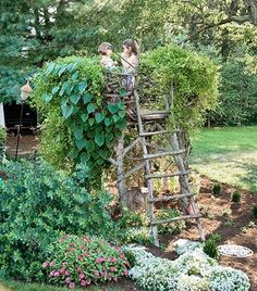 an old ladder is used as a planter in the garden for people to climb up