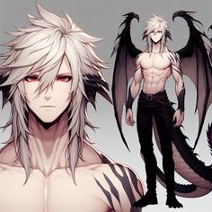 two male anime characters with white hair and dragon wings on their shoulders, one in the foreground