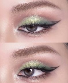 Pretty Green Makeup Looks, Green Silver Eye Makeup, Light Green Eyeshadow Looks, Makeup On Green Dress, Natural Green Eye Makeup, Green Makeup Brown Eyes, Mint Makeup Looks, Mint Green Eyeshadow Looks, Pastel Green Makeup