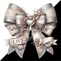 a bow with pearls and ribbon on it that says love in the center, surrounded by bows