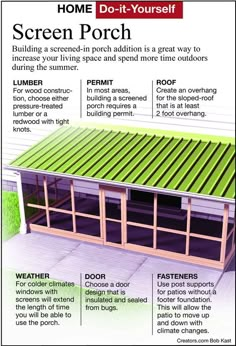 an advertisement for a screen porch with instructions on how to install the frame and cover