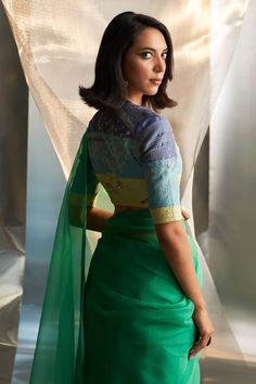 Green saree with placed zari embroidered floral vine motifs. Comes with embroidered patchwork panel blouse. - Aza Fashions Pista Green Blouse Piece With Chikankari Embroidery, Green Bollywood Blouse With Chikankari Embroidery, Green Chanderi Blouse With Sheer Dupatta, Green Resham Embroidered Cotton Silk Blouse Piece, Designer Green Blouse With Chikankari Embroidery, Pista Green Chanderi Blouse With Dupatta, Green Blouse With Chikankari Embroidery For Transitional Season, Designer Green Chikankari Embroidery Pre-draped Saree, Designer Green Pre-draped Saree With Chikankari Embroidery