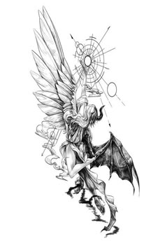 a black and white drawing of an angel with wings on it's back, holding a