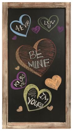 a chalkboard with hearts and the words be mine written in different languages on it