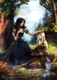 a painting of two women sitting in the woods