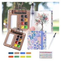 an assortment of art supplies including paint, paper and pencils are shown in this collage