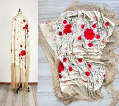 "Vintage 1920s cream silk piano shawl. Embroidered with roses and vine flowers. Heavy macramé fringe around all four sides of the shawl.  ❉ Era: 1920s ❉ Fits Like: one size ❉ Tag size: -- ❉ Fabric: silk ❉ 50\" x 50\" (does not include macramé and fringe) ❉ Condition: There are some spots and staining on the silk; due to age and condition, sold as is. ❉ Smells/Odors: -- ------------ ❉ Sizing & Fit - All measurements are taken while the garment is lying flat, and the measurements are then doubled. 1920s Dresser Scarf, Vine Flowers, Piano Shawl, Lansing Mi, Cream Silk, Silk Wrap, Fabric Silk, Vintage Silk, Shawls And Wraps