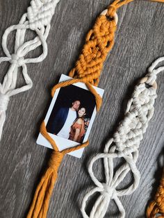 an orange and white rope with a photo on it