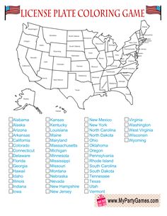 a map of the united states with words that say license plate coloring game