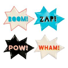 four different types of speech bubbles with the words boom, zap, pow, wham