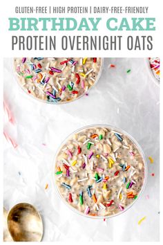 birthday cake protein overnight oatmeal with sprinkles in two bowls