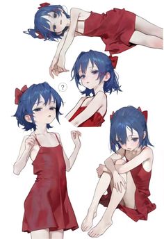 four different poses of a woman in red dress with blue hair and an open bra