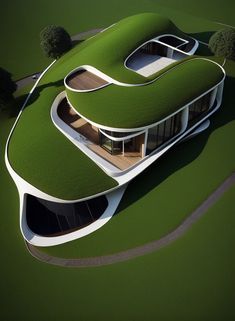 an unusual house with green grass on the roof