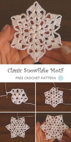 crochet snowflake motif is shown with instructions to make it look like an ornament