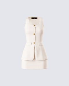 When you’re a baddie that means business 🤍 Pairing an ivory scoop neck vest with a matching mini skirt, this chic two-piece set will have everyone following your orders in and out of the office 😜 Business Chic Dress, Top And Skirt Set Two Pieces, Trendy Designer Outfits, Vest And Skirt Set, Rich Preppy Aesthetic, Silent Luxury Fashion, Courtroom Attire Women, Vest With Skirt, Blazer Outfits For Women Classy