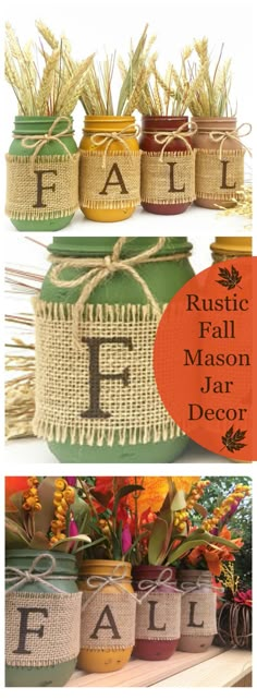 mason jars with the word fall painted on them and decorated with flowers in each jar