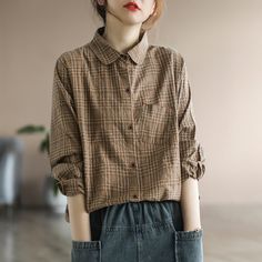 Blouse Material, Long Sleeve Plaid, Button Front Shirt, Vintage Cotton, Collar Shirts, Linen Shirt, Cotton Shirt, Women Long Sleeve, Tartan