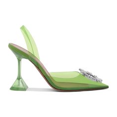 Amina Muaddi Begum Glass Jungle Green Pvc Buckle Crystal Embellished Pumps Slingback Heel Pvc Upper With Leather Sole Made In Italy Slingback Styling Crystal Embellishments At Vamp Leather Lining Pointed Toe With Martini Heel Approx 100mm/ 4 Inch Heel Luxury Green Almond Toe Heels, Amina Muaddi Lily Crystal, Amina Muaddi Silver Heels, Green Pointed Toe Luxury Heels, Amina Muaddi Green Heels, Muaddi Shoes, Amina Muaddi Begum, Amina Muaddi Heels, Amina Muaddi Shoes