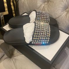 Brand New Gucci Crystal Embellished Slide Sandals In Box / Dust Bag Never Worn. Beautiful And Elegant And Will Brighten Up Any Outfit. Beautiful On The Foot And Will Turn Heads When You Step Out Designer Black Sandals With Rhinestones, Designer Round Toe Sandals With Rhinestones, Designer Sandals With Rhinestones And Round Toe, Designer Rhinestone Sandals With Round Toe, Designer Embellished Flat Sandals, Designer Black Embellished Sandals, Black Gucci Slides, Gucci Bloom Slides, Strap Sandals Heels