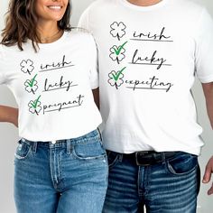 "🍀 Matching Lucky St Patrick Couples Pregnancy Announcement Shirt: Celebrate your baby's impending arrival with a touch of Irish charm! These adorable Saint Patrick's Day themed t-shirts are perfect for a St. Paddy's gender reveal or baby shower gift. Embrace the spirit of luck and love with these cute and comfortable shirts, and make your pregnancy announcement unforgettable. Order now and start spreading the joy! 👕 PRODUCT INFO The Bella + Canvas shirts are super soft and comfy! These t-shirts are made of light fabric and have ribbed knit collars to bolster shaping. They are extremely durable, and will withstand years of repeat washing and wearing. Shoulders, sleeves, and hems have taping for better fit over time. ✏️ DESIGN Designs are printed onto the shirt using Direct to Garment (DT White Crew Neck Maternity T-shirt, White Maternity Crew Neck T-shirt, Couples Pregnancy Announcement, Im Pregnant, Comfortable Shirts, Pregnancy Announcement Shirt, Pregnancy Humor, Pregnancy Tshirts, St Paddy