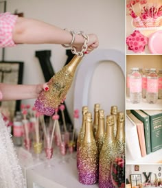 a woman is holding a champagne bottle in front of many other bottles on the table