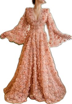 Lace Evening Dress With Floral Applique For Wedding, Pink Floral Embellished Spring Gown, Pink Floral Evening Dress For Spring, Pink Floral Embellished Evening Dress For Spring, Feminine Pink Lace Gown, Pink Lace Feminine Gown, Peach Party Dress With Floral Embroidery, Spring Evening Dress With Floral Embroidery In Lace, Spring Floor-length Evening Dress With Floral Applique